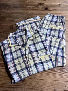 美品♪黄色チェックの前あきボタンダウンパジャマ上下セット長袖長ズボン