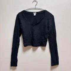 1点物✨【M】黒 ブラック Vネック 長袖 クロップド トップス カジュアル