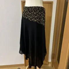 社交ダンス レッスンウェア スカート ブラック×ゴールド シースルー 布ベルト