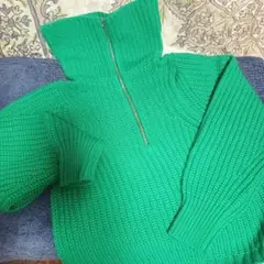 three dots グリーン ニット ジップアップ