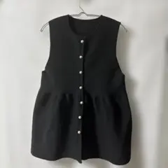 「即日発送」L ブラックニットベスト ボタン付き フレアシルエット