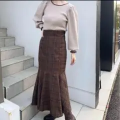 ナイスクラップ マーメイドスカート ロング チェック柄 ブラウン S