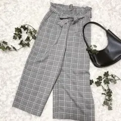 THE SHOP TKグレー系チェック柄パンツ S ウエストリボンきれいめ可愛い