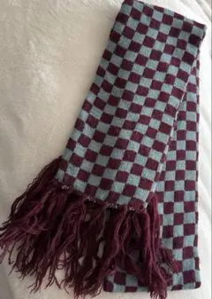 ニットマフラー チェッカー柄 ワイン×渋ブルー 一松模様 アクリル