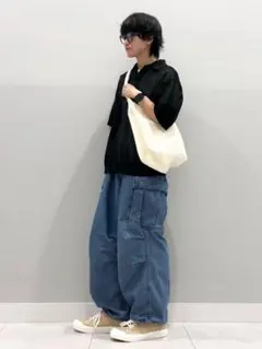 GU UNIQLO デニムブルー カーゴパンツ ゴムウエスト