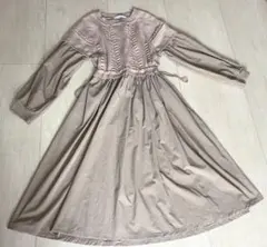 ＊ベージュニットワンピース＊異素材ミックスウエスト絞り可