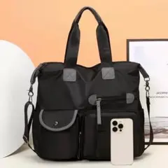 2way トート ショルダー マザーズバッグ 黒 軽量 大容量 ナイロン 収納力