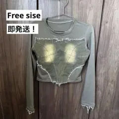 【美品】オリーブグリーン 長袖 クロップドトップス