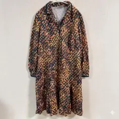 アニマル 総柄 ロングシャツワンピース レギュラーカラー 長袖 膝丈 L 