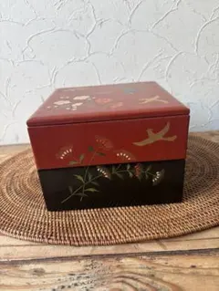 二段重箱 漆器 菓子器 花鳥図 朱塗 黒塗