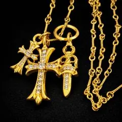 ゴールド 3連クロスネックレス ツイストチェーン ダガー メンズ