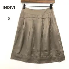 インディヴィ(S)シャイニーレースミディスカート　フレア　光沢　膝丈　茶灰色系