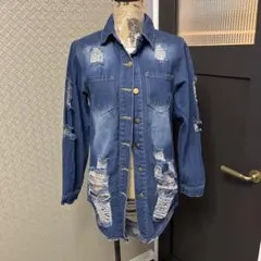 OTTO デニムセミロングジャケット ビジュー ビーズ付 刺繍 襟2way 