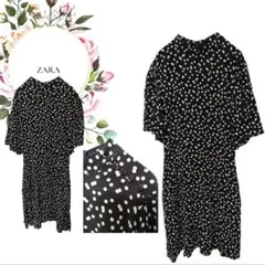 【ザラZARA】黒白ドット柄ワンピースフレア袖肩ボタン左右ポケットオフィス通勤S