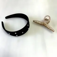 リボン型ヘアクリップ&黒色ベロア生地カチューシャセット パール装飾
