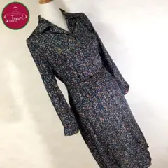 日本製 ワンピース 花柄 ベルト付き ボタニカル オープンカラー 古着濃灰 茶