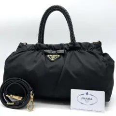 ✨極美品✨プラダ ハンドバッグ 2way ロゴ金具 ゴールド リボン 