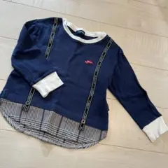 ネイビー 長袖カットソー チェック柄裾付き