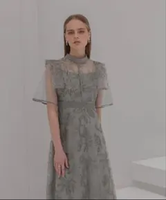 LEJAフラップデザインフラワースパンコールAラインワンピースドレス