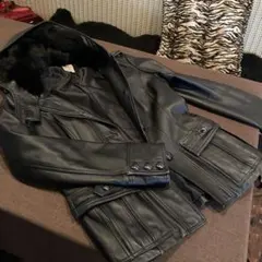 本革レザー ファー付きジャケット 黒