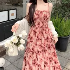 【新品】花柄フリルキャミワンピース 胸元シャーリング フローラルプリントピンクL
