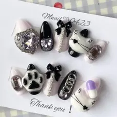 薄パープル✖️ブラック 猫ちゃん3dネイルチップ A131
