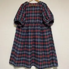 【限定1着】ハンドメイド　バルーンお袖のワンピース　チノツイル　タータンチェック