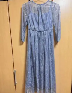 結婚式　お呼ばれドレス　総レース　ブルーグレー