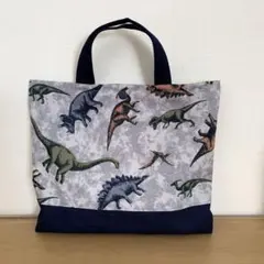 NO.229 ☆ハンドメイドお道具袋 グレー恐竜柄に紺