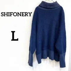 美品✨長袖 ニット セーター【L】ネイビー ハーフネック 異素材 カジュアル