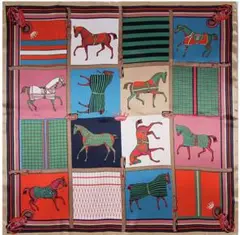 馬柄 シルク調 大判スカーフ ホース柄　レッド　グリーン