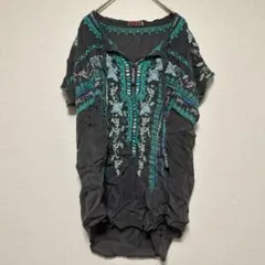 Johnny Was 花柄刺繍入りチュニック 半袖 【Ｍ】チャコールグレー 薄手