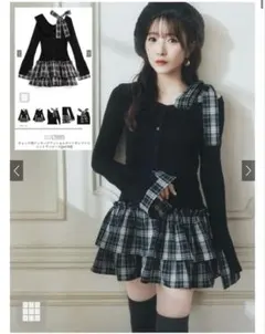 GRL チェック柄ドッキングワンショルダーリボンフリルニットワンピース Mサイズ
