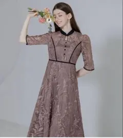 LEJA-花柄刺繍レースチュールパフスリーブAラインワンピースドレス結婚式