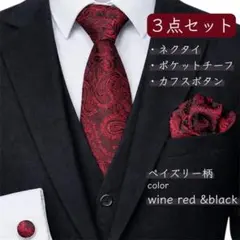 ネクタイ チーフ カフス 3点セット ワインレッド ペイズリー柄 結婚式