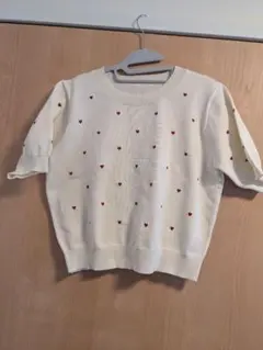 フリーサイズ　白ホワイト　ハート刺繍　半袖ニット　春夏◎