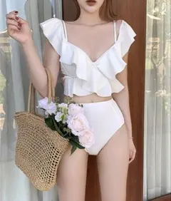 水着 シンプルワンカラーフリルビキニ 3点セット ホワイト　M