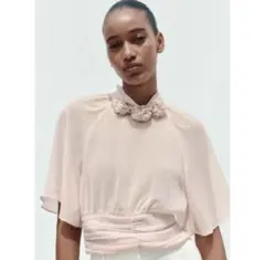 ZARA ザラ　シフォンブラウス　シアーピンク　フラワー　バレエコア　フラワー
