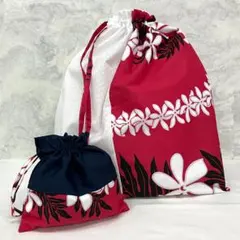 #2482　巾着　ハワイアンファブリック使用　レース　ピンク系　ティアレ　2枚