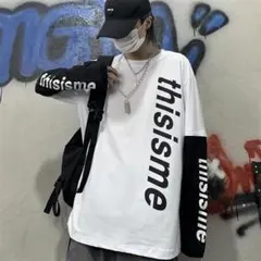 秋服 長袖 Tシャツ レイヤード風 モノクロ オーバーサイズ ユニセックス 韓国