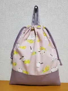 持ち手付き巾着袋 上靴入れ お道具袋 Pシマエナガとミモザ 薄紫