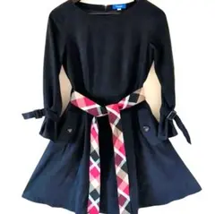 美品ブルーレーベル スエード 膝丈フレアワンピース ネイビー S