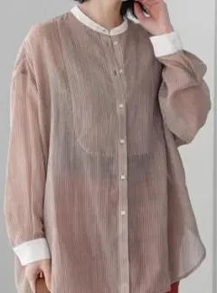 ★最終★アメリカンホリック　シアー　バンドカラーシャツ　М　ストライプ 茶×白