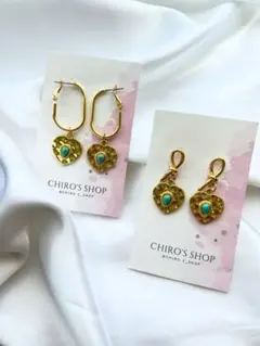 【ハンドメイド】ゴールドフープのターコイズハートピアス　イヤリング