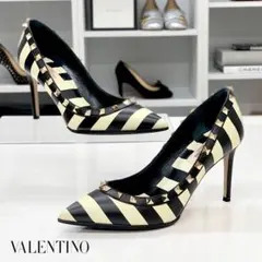 ヴァレンティノ ロックスタッズ レザー ストライプ パンプス バイカラー