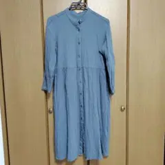 バンドカラー ロングシャツワンピース ブルーグレー　ウールアクリル混