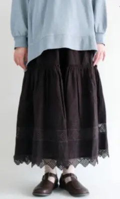 ＊SM2＊無地ダークグレー レース ティアード ロングスカート ナチュラル