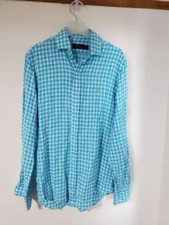 値下げラルフローレン 水色ギンガムチェック リネン長袖シャツ M(実寸L)