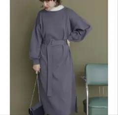 【KBF】ロングニットワンピース ダスティブルー(サイズ1)ベルト付