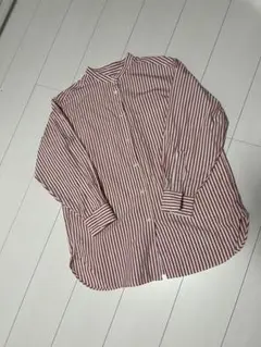 and me カラーストライプ長袖バンドカラーシャツブラウス　Mサイズ　ピンク